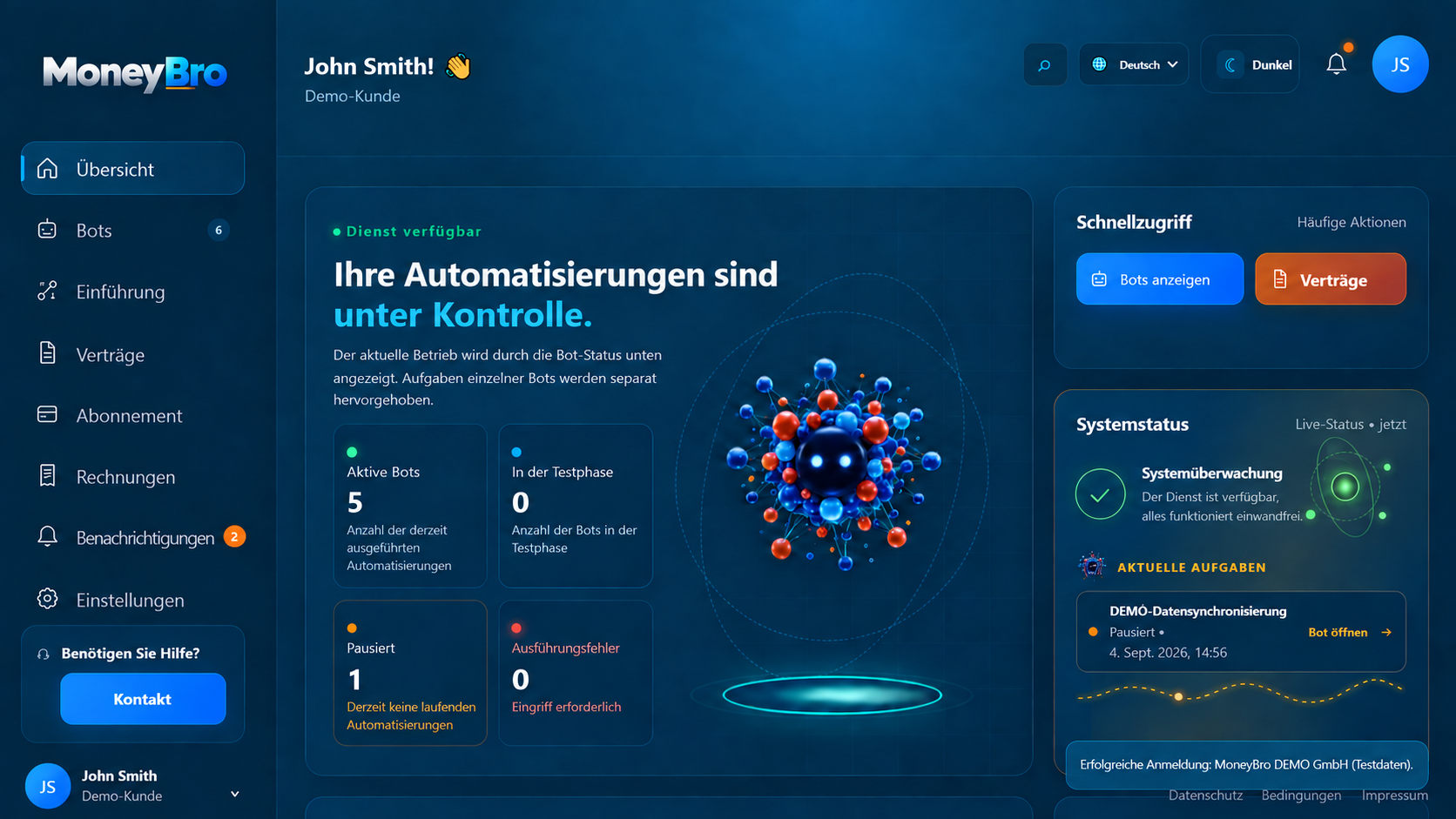MoneyBro Kundenplattform für den Demokunden John Smith mit fünf aktiven und einem pausierten Bot