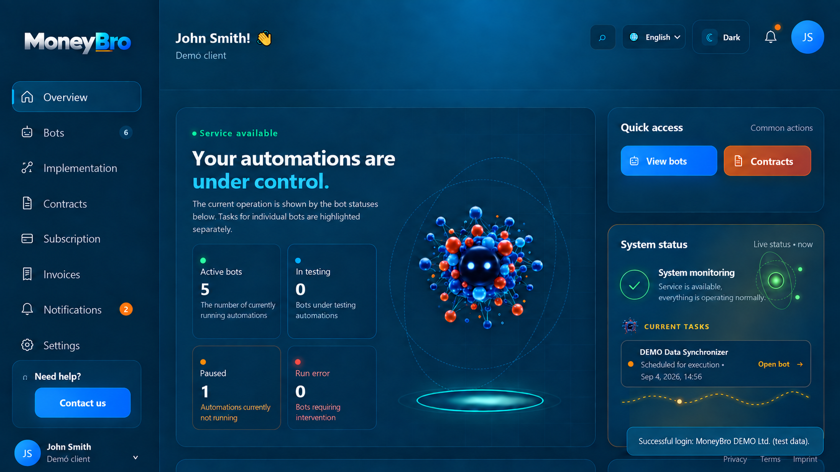 MoneyBro client platform overview for demo client John Smith, showing five active bots and one paused bot